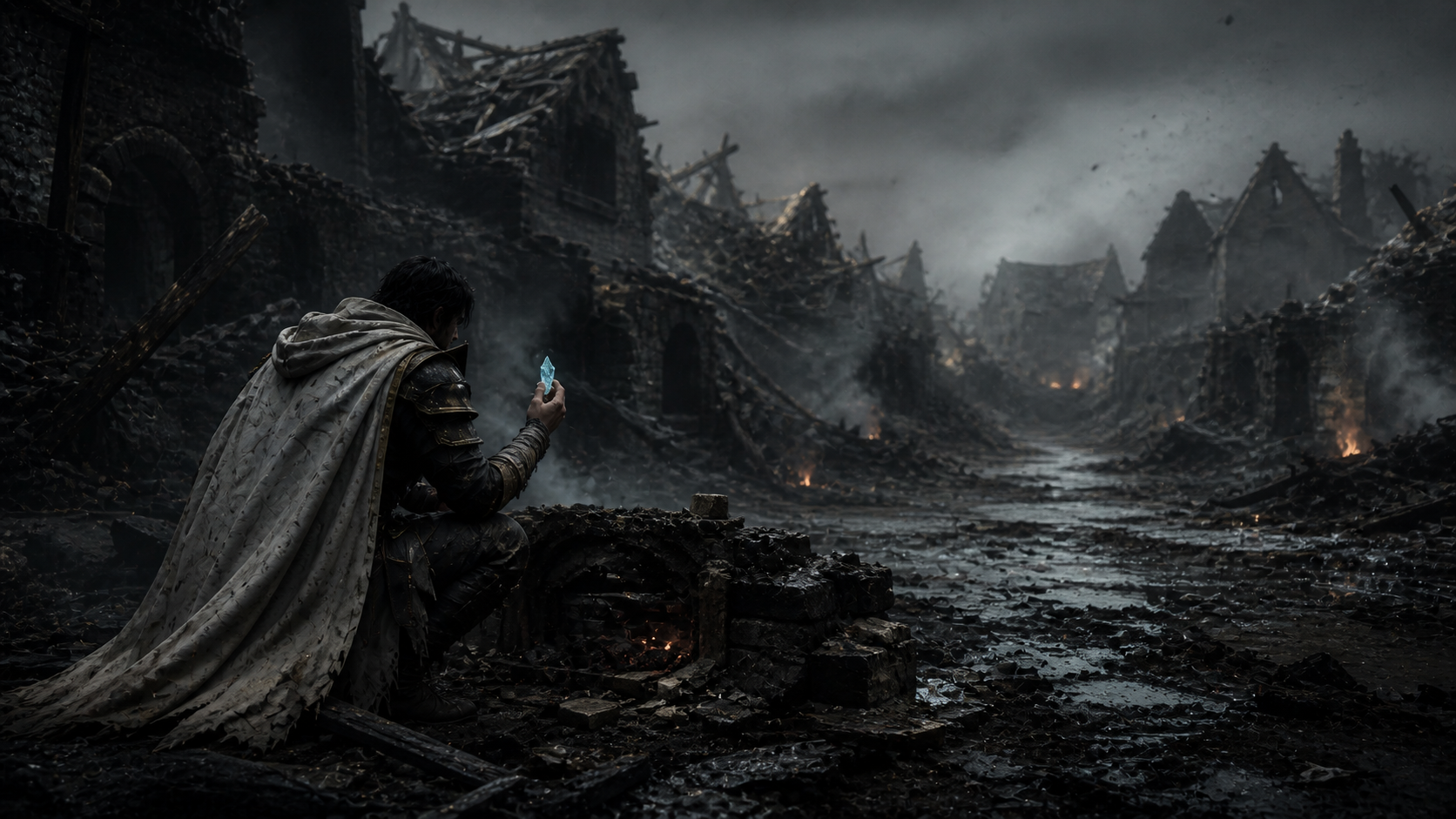 A lone LightWarden crouches in the smoking ruins of a village.